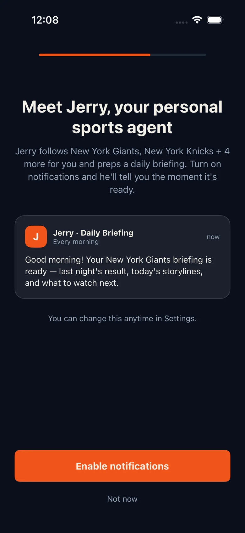 Meet Jerry, your personal sports agent, with a sample morning briefing notification.