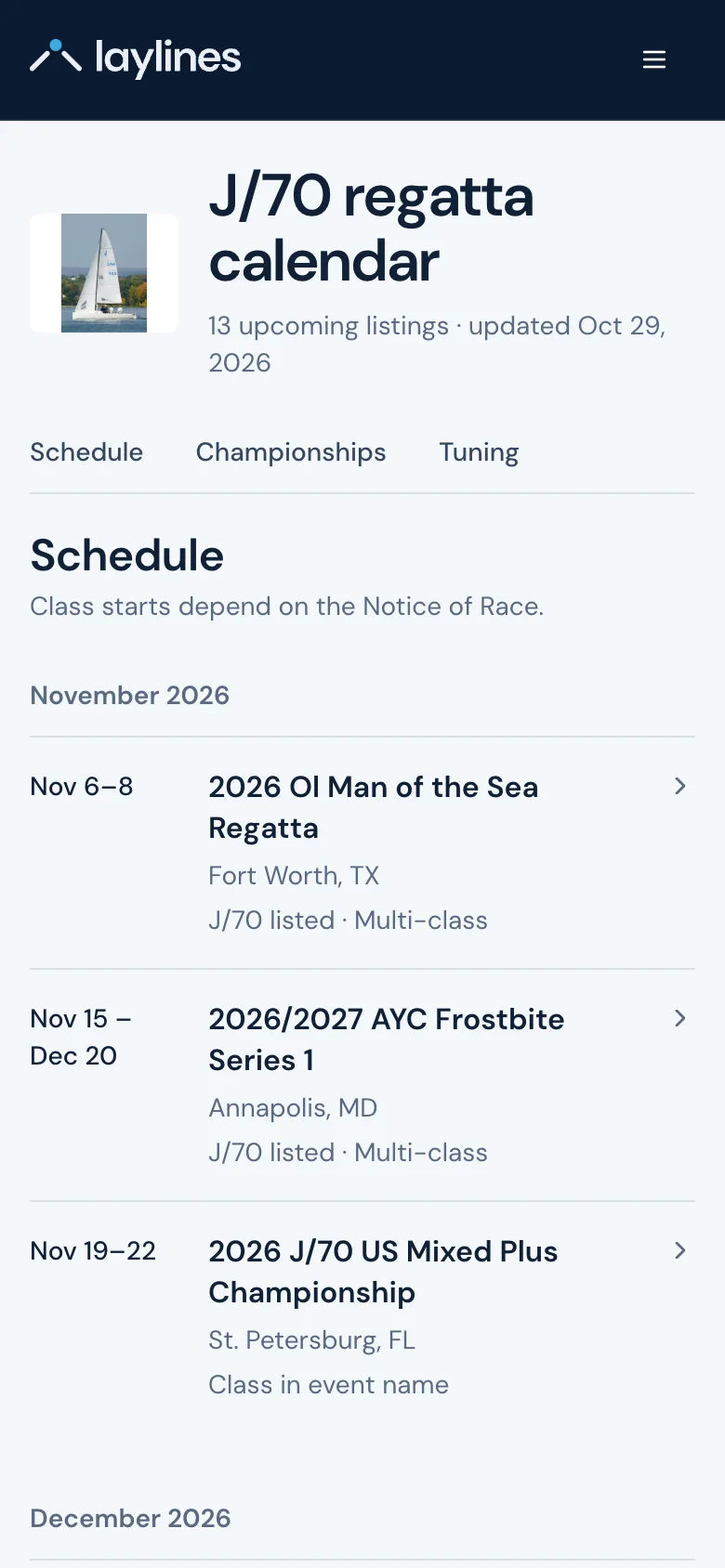J/70 regatta calendar listing upcoming regattas by date and venue.