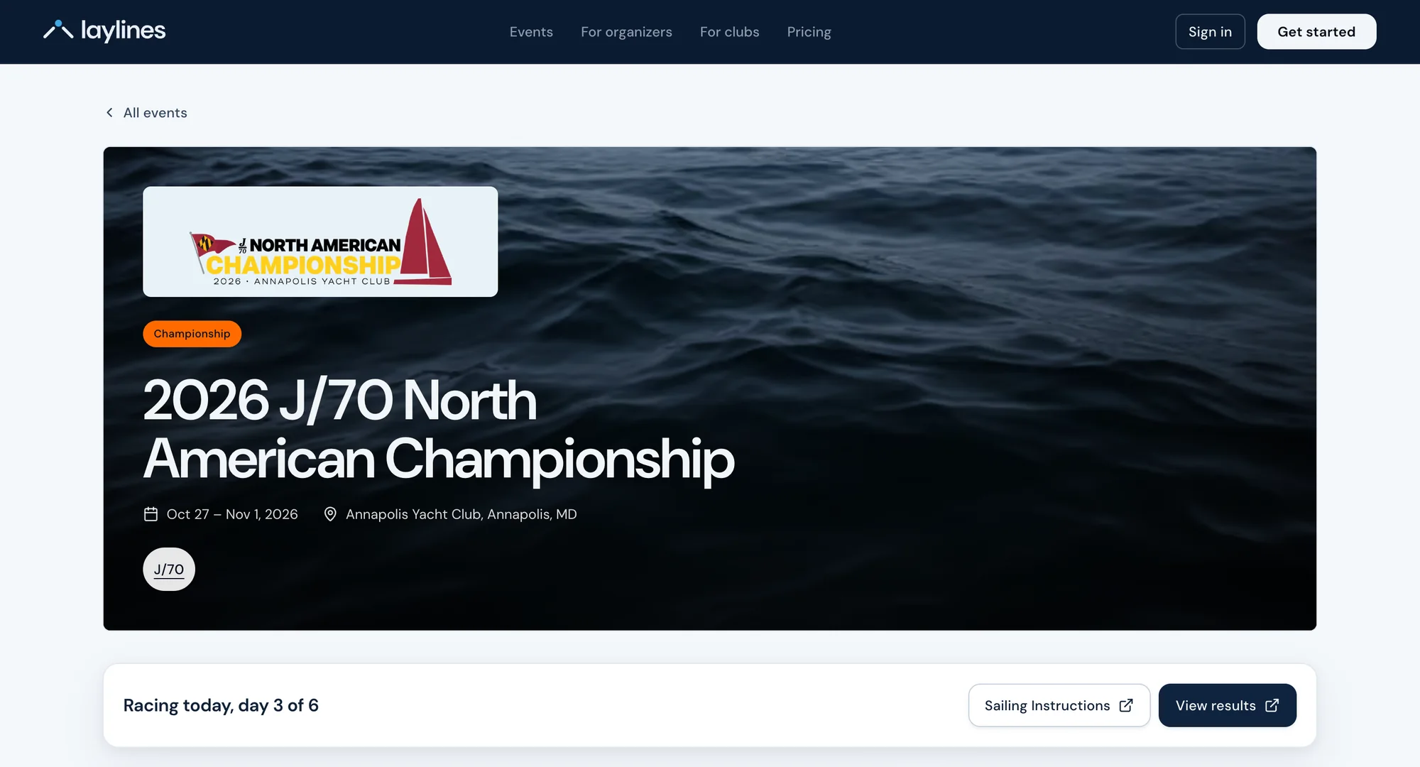 Laylines event page for the 2026 J/70 North American Championship at Annapolis Yacht Club.