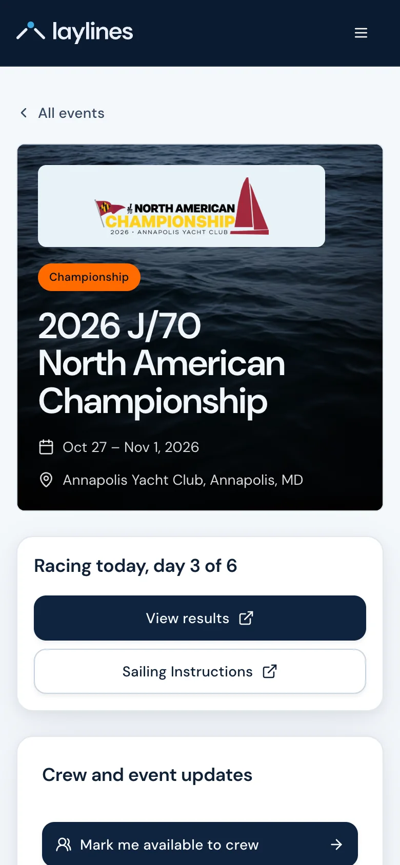 Laylines event page for the 2026 J/70 North American Championship.