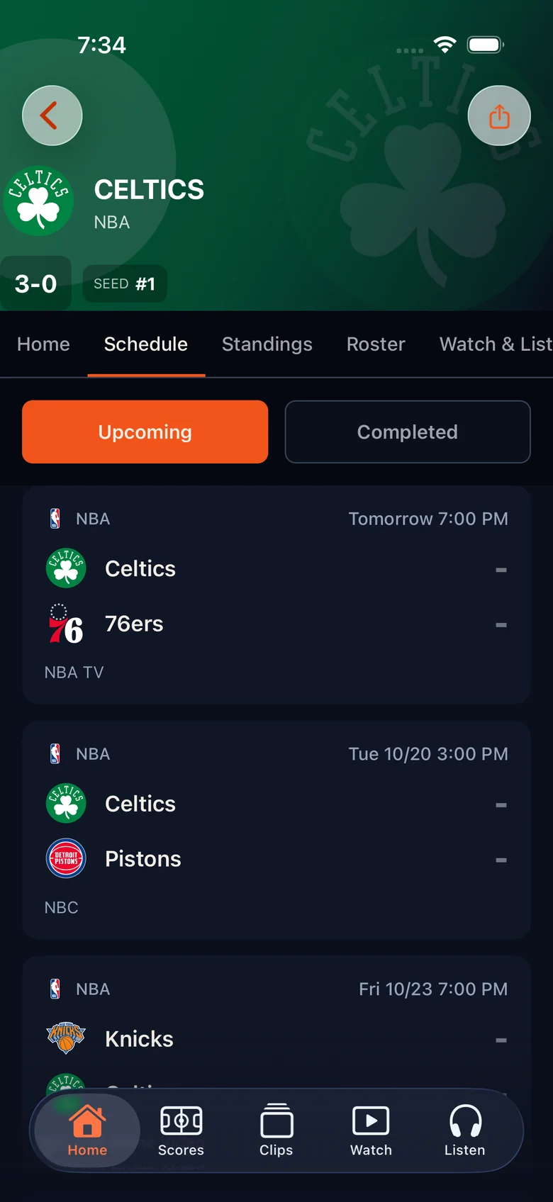 Boston Celtics team page with upcoming games and the channel for each.