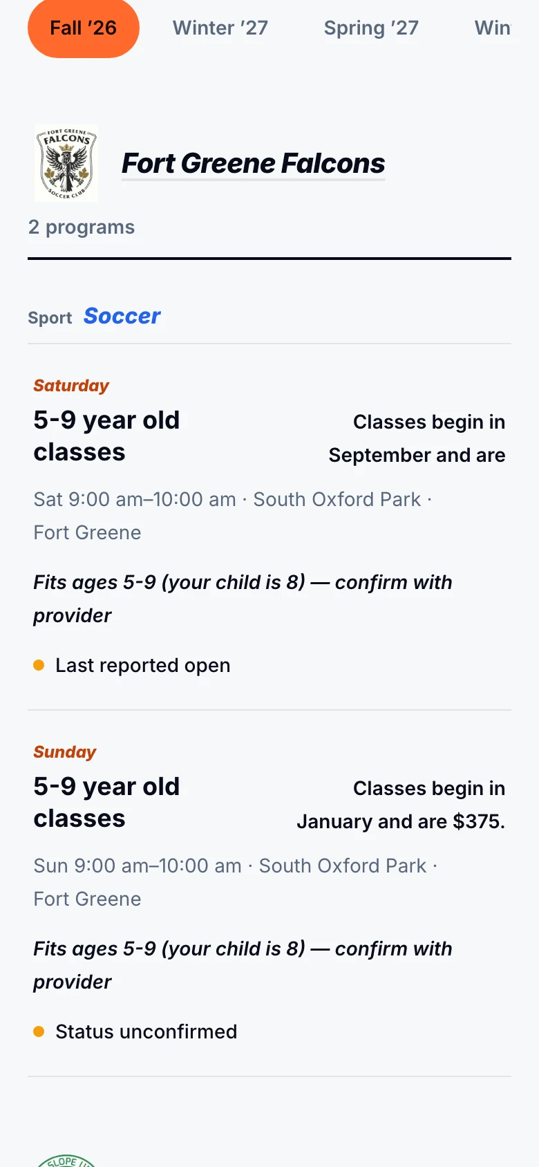 Programs that fit: classes for ages 5 to 9 with days, times, location and price.