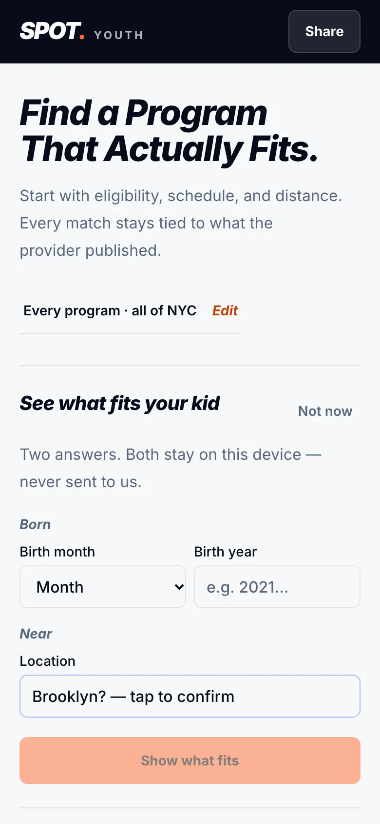 Spot Sports Youth: find a program that actually fits, by age, schedule and distance.