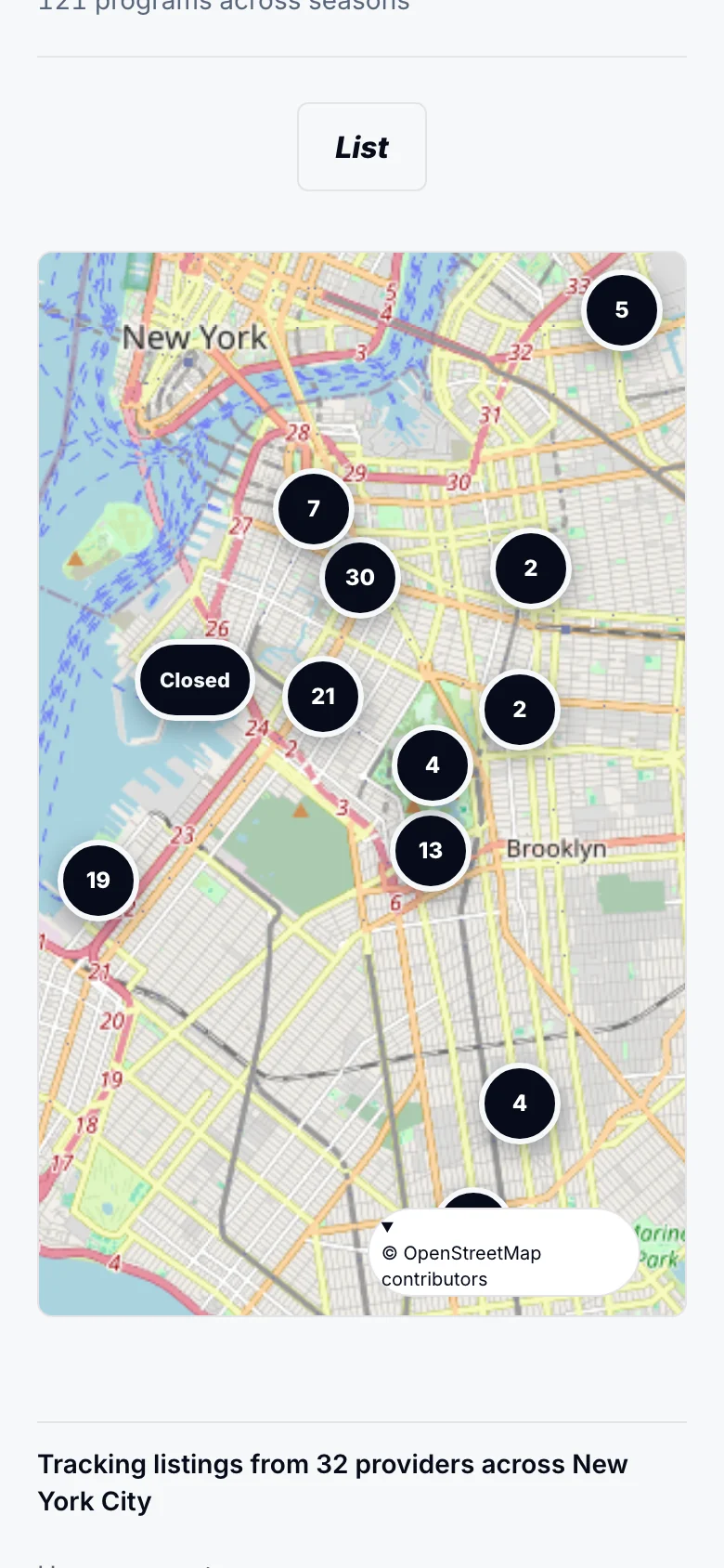 Map of program clusters across Brooklyn and Manhattan.